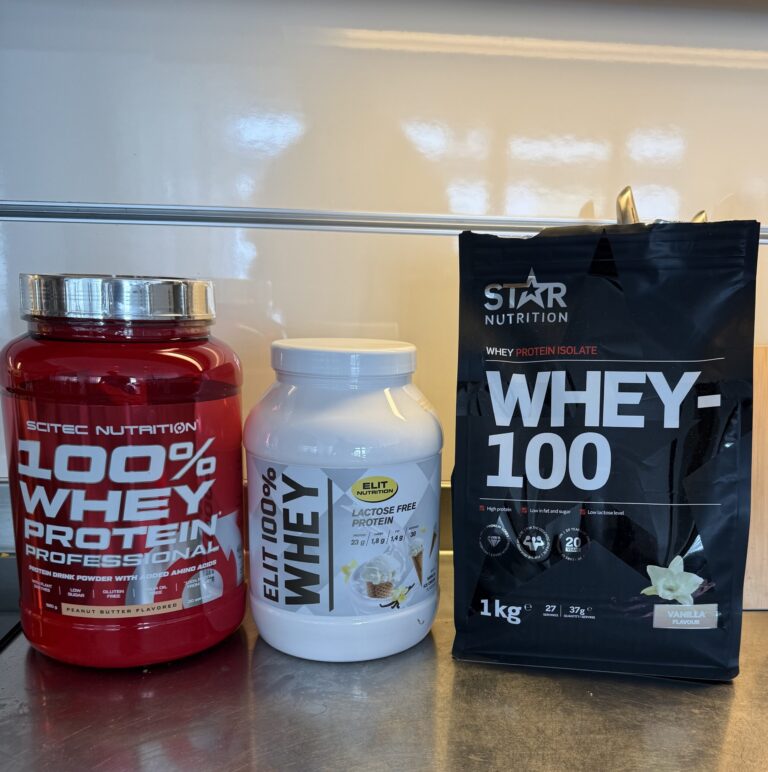 Tre sorters vassleprotein – Scitec 100% Whey Professional, Elit 100% Whey Lactose Free och Star Nutrition Whey-100